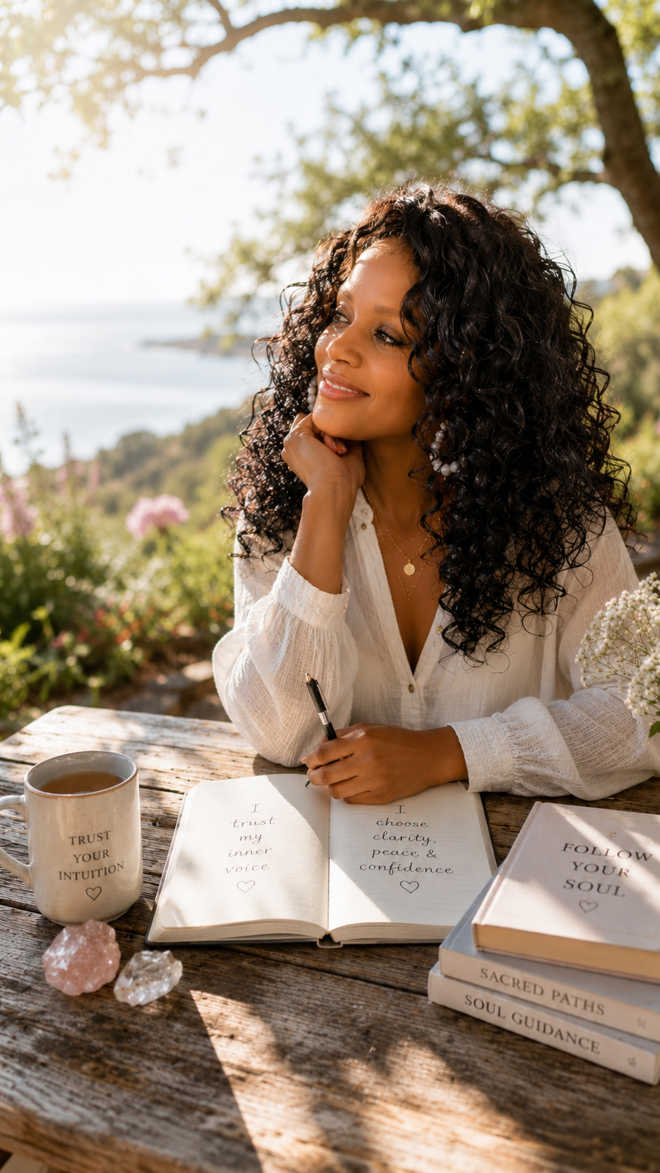 Diane journaling outdoors, reflecting